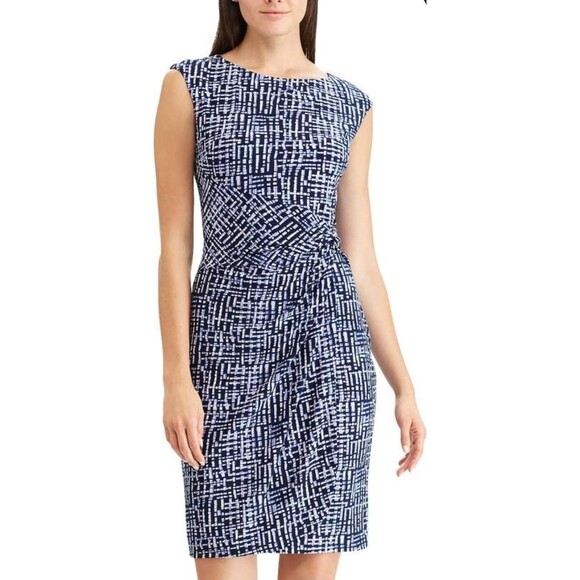 NWT Chaps Navy Blue White Sleeveless Knit Gathered Waist Dress Sz XL Career - Picture 1 of 8